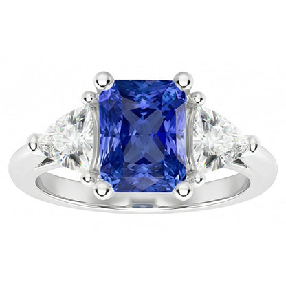 Three Stone Trillion Natural Earth Mined Diamond Ring Blue Sapphire 2 Carat Prongs