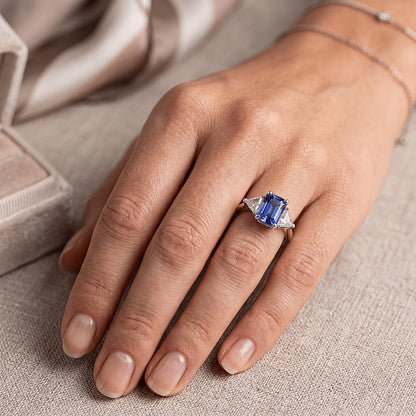 Three Stone Trillion Natural Earth Mined Diamond Ring Blue Sapphire 2 Carat Prongs
