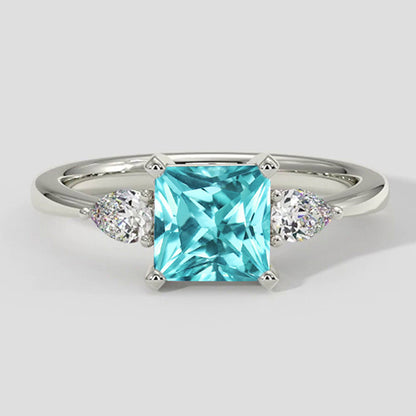 Natural Real ( Not Lab Grown )  Three-Stone Cushion Paraiba Engagement Ring