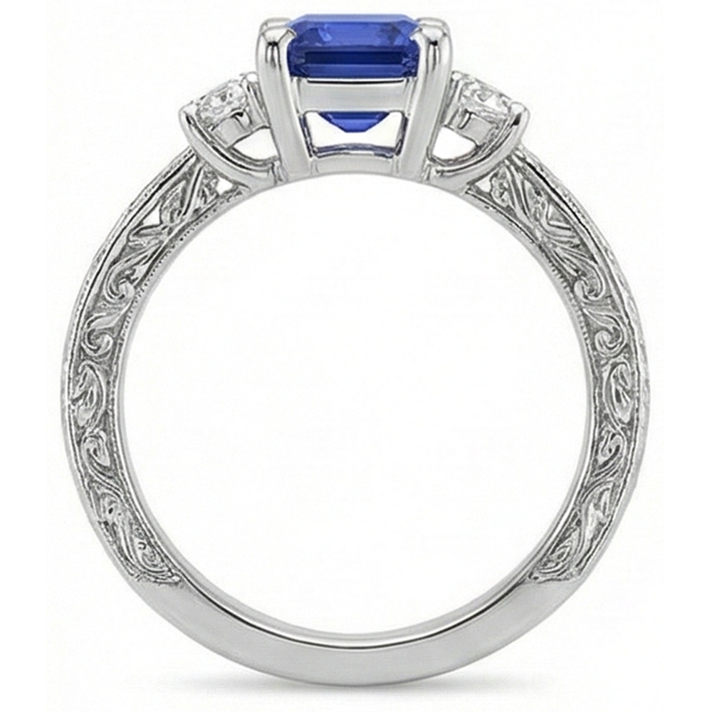 Three Stones Ring Antique Style Blue Sapphire & Natural Earth Mined Diamonds 4.50 Carats