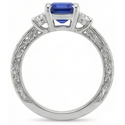Three Stones Ring Antique Style Blue Sapphire & Natural Earth Mined Diamonds 4.50 Carats