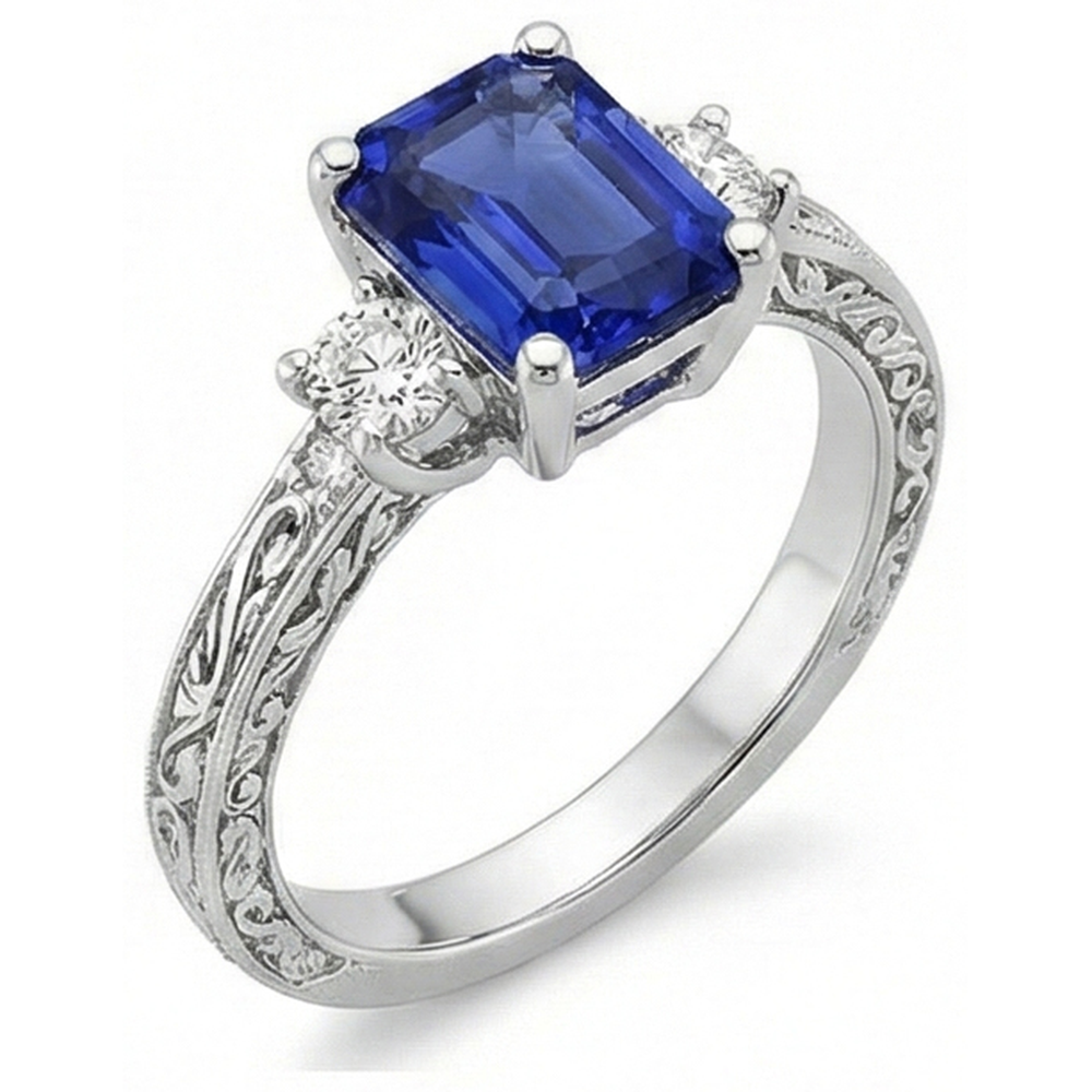 Three Stones Ring Antique Style Blue Sapphire & Natural Earth Mined Diamonds 4.50 Carats