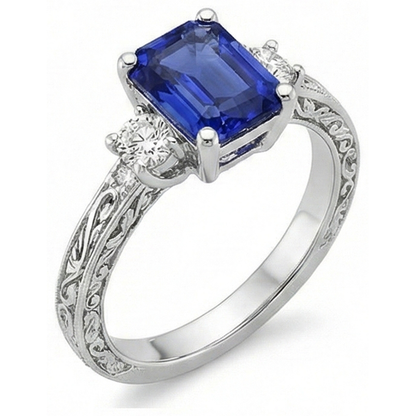 Three Stones Ring Antique Style Blue Sapphire & Natural Earth Mined Diamonds 4.50 Carats