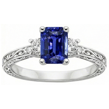 Three Stones Ring Antique Style Blue Sapphire & Natural Earth Mined Diamonds 4.50 Carats