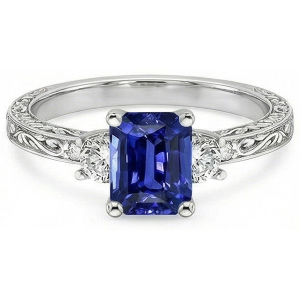 Three Stones Ring Antique Style Blue Sapphire & Natural Earth Mined Diamonds 4.50 Carats