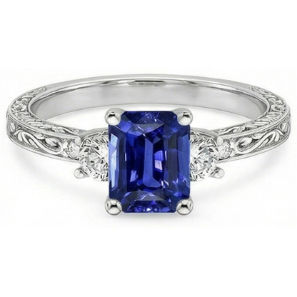 Three Stones Ring Antique Style Blue Sapphire & Natural Earth Mined Diamonds 4.50 Carats