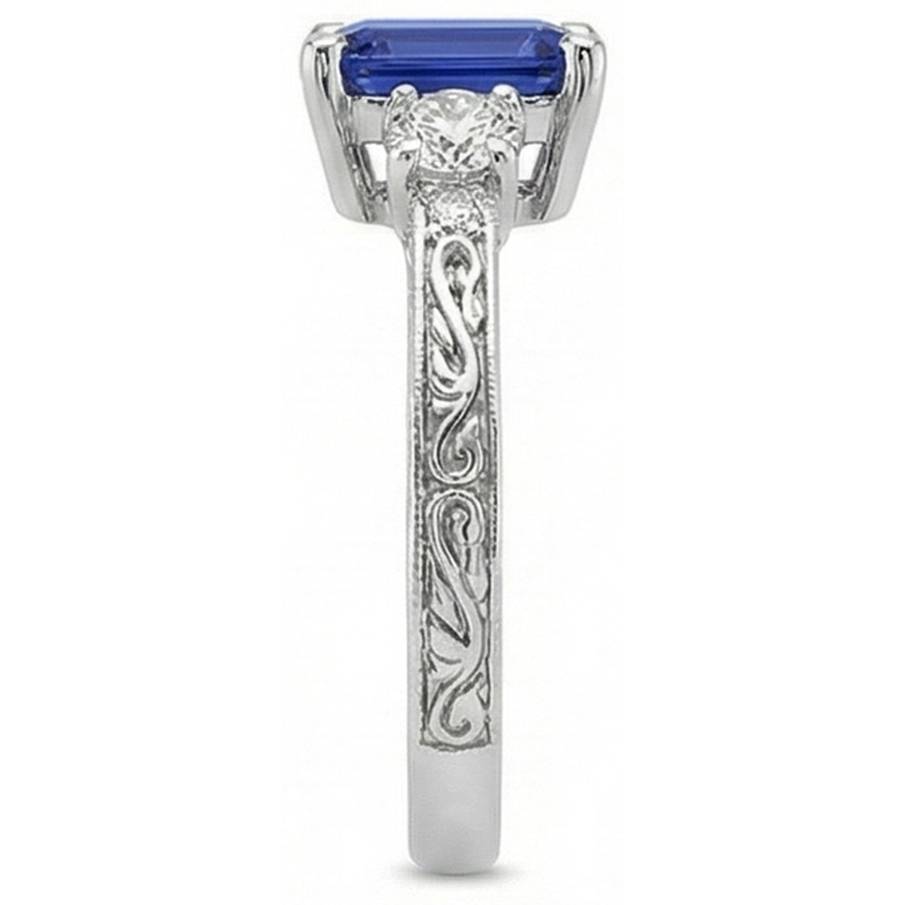 Three Stones Ring Antique Style Blue Sapphire & Natural Earth Mined Diamonds 4.50 Carats