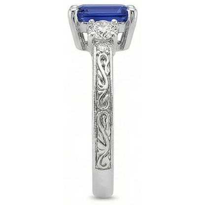 Three Stones Ring Antique Style Blue Sapphire & Natural Earth Mined Diamonds 4.50 Carats