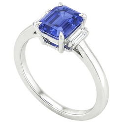 Three Stones Ring Emerald Blue Sapphire & Baguette Natural Earth Mined Diamonds 4 Carats