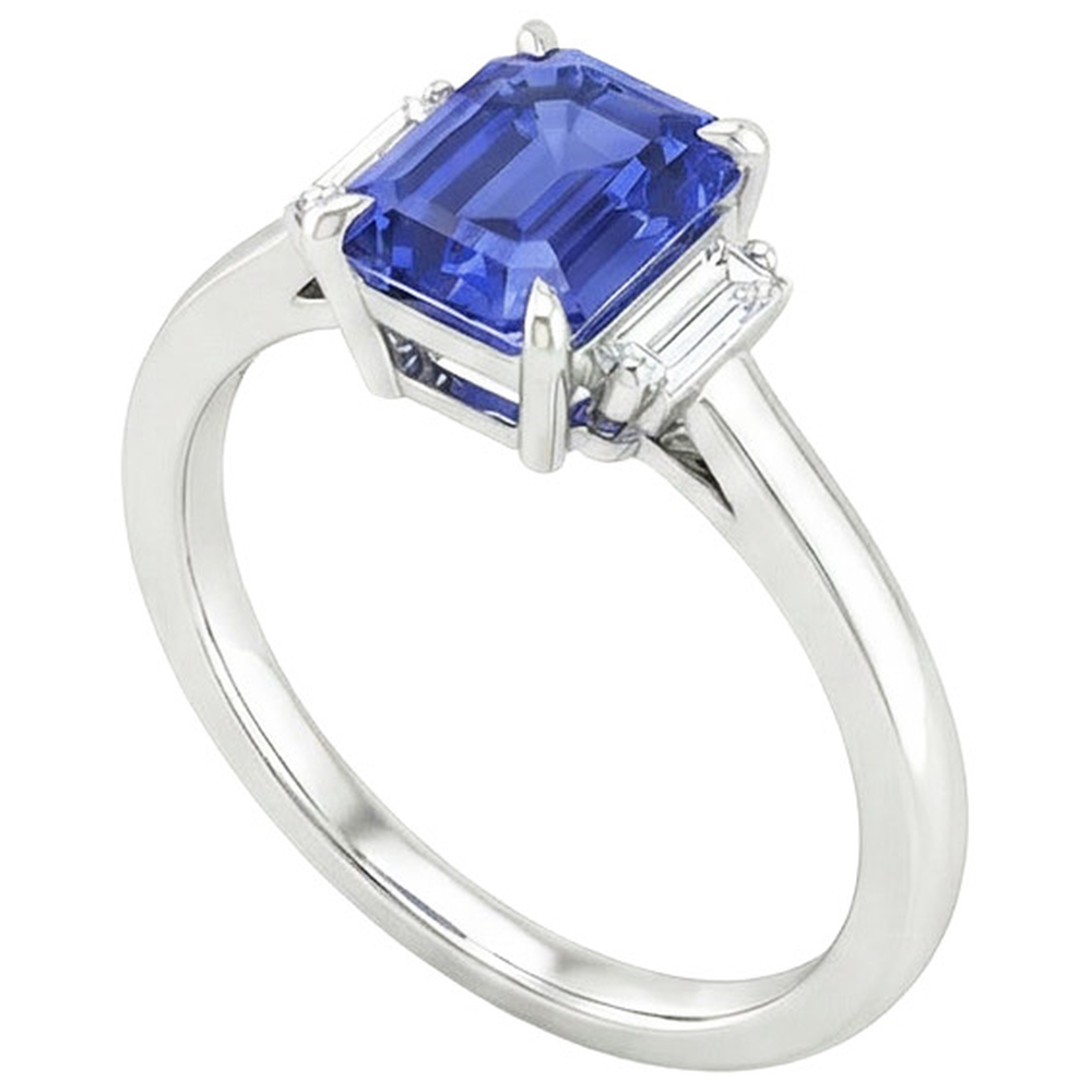 Three Stones Ring Emerald Blue Sapphire & Baguette Natural Earth Mined Diamonds 4 Carats