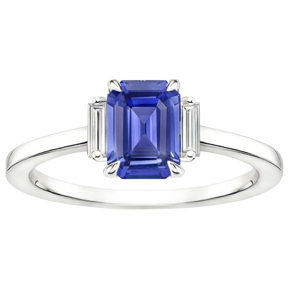 Three Stones Ring Emerald Blue Sapphire & Baguette Natural Earth Mined Diamonds 4 Carats