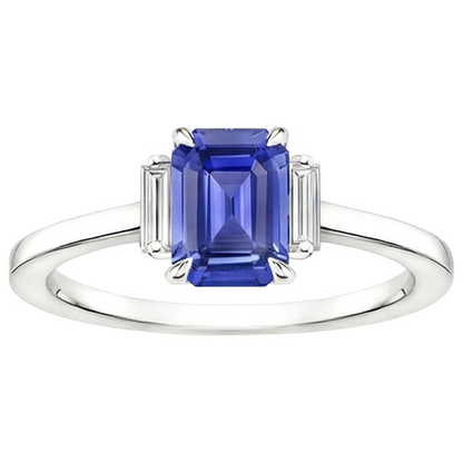 Three Stones Ring Emerald Blue Sapphire & Baguette Natural Earth Mined Diamonds 4 Carats