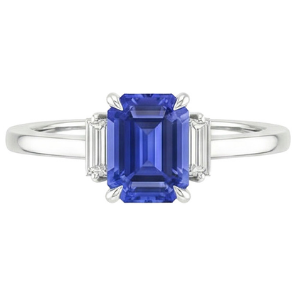Three Stones Ring Emerald Blue Sapphire & Baguette Natural Earth Mined Diamonds 4 Carats