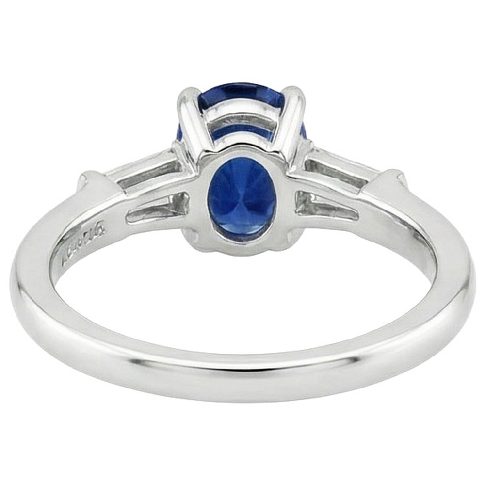 Three Stones Ring Oval Ceylon Sapphire & Baguette Natural Earth Mined Diamonds 3 Carats