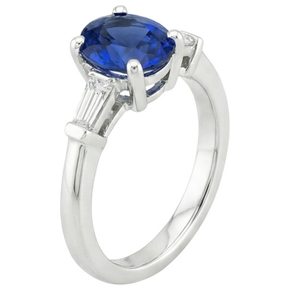 Three Stones Ring Oval Ceylon Sapphire & Baguette Natural Earth Mined Diamonds 3 Carats