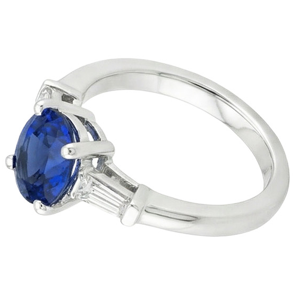 Three Stones Ring Oval Ceylon Sapphire & Baguette Natural Earth Mined Diamonds 3 Carats