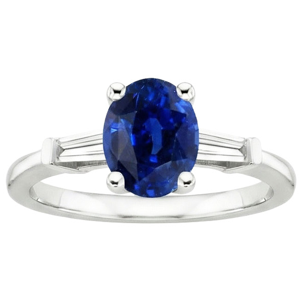 Three Stones Ring Oval Ceylon Sapphire & Baguette Natural Earth Mined Diamonds 3 Carats