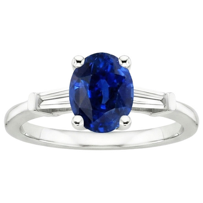 Three Stones Ring Oval Ceylon Sapphire & Baguette Natural Earth Mined Diamonds 3 Carats