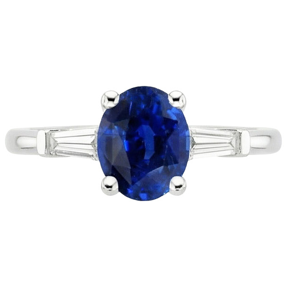 Three Stones Ring Oval Ceylon Sapphire & Baguette Natural Earth Mined Diamonds 3 Carats