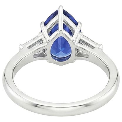 Three Stones Ring Pear Blue Sapphire & Baguette Natural Earth Mined Diamonds 3 Carats