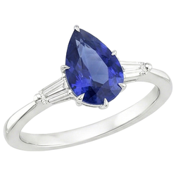 Three Stones Ring Pear Blue Sapphire & Baguette Natural Earth Mined Diamonds 3 Carats