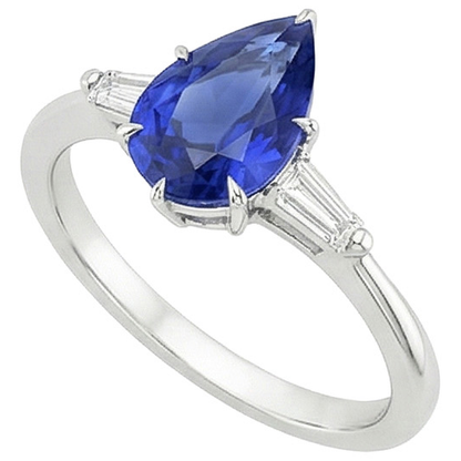 Three Stones Ring Pear Blue Sapphire & Baguette Natural Earth Mined Diamonds 3 Carats