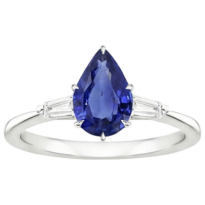 Three Stones Ring Pear Blue Sapphire & Baguette Natural Earth Mined Diamonds 3 Carats