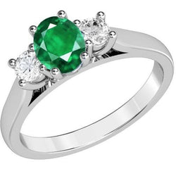 Three Stone 3.30 Carats Green Emerald GIA And Natural Earth Mined Diamonds Wedding Ring 14K Gold