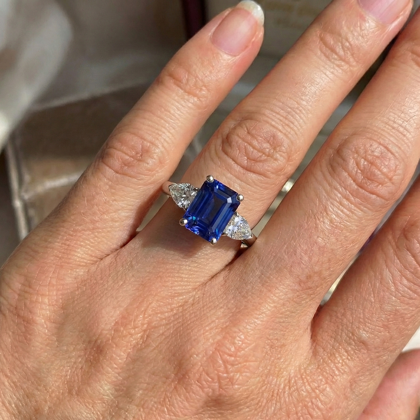 Three Stone Blue Sapphire Jewelry Ring Pear Natural Earth Mined Diamonds 3.50 Carats