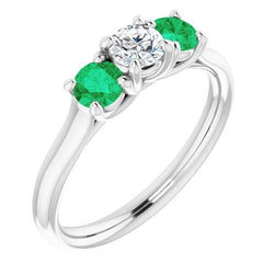 Three Stone Diamond & Emerald Ring 2.40 Carats White Gold 14K