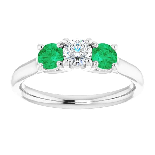 Three Stone Diamond & Emerald Ring 2.40 Carats White Gold 14K