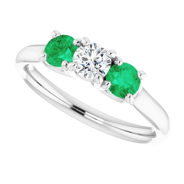Three Stone Diamond & Emerald Ring 2.40 Carats White Gold 14K