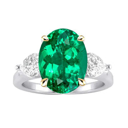 Natural Real ( Not Lab Grown ) Three Stone Gemstone Ring Oval Green Emerald GIA & Diamonds