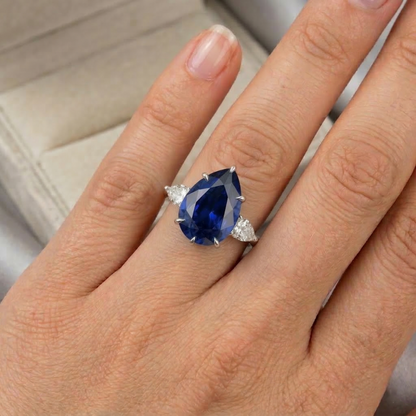 Three Stone Gold Pear Cut Ceylon Color Sapphire & IGI CERTIFIED Diamond Ring 6.75 Carats