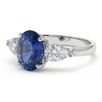 Three Stone Pear Natural Earth Mined Diamond & Ceylon Oval Sapphire Ring 9.25 Carats Gold