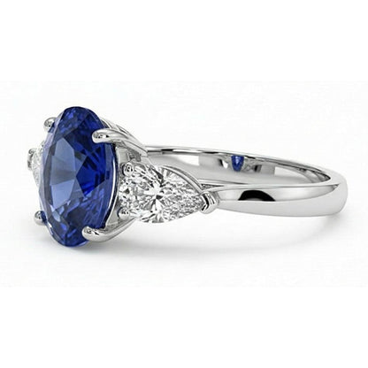 Three Stone Pear Natural Earth Mined Diamond & Ceylon Oval Sapphire Ring 9.25 Carats Gold