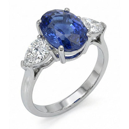 Three Stone Pear Natural Earth Mined Diamond & Ceylon Oval Sapphire Ring 9.25 Carats Gold