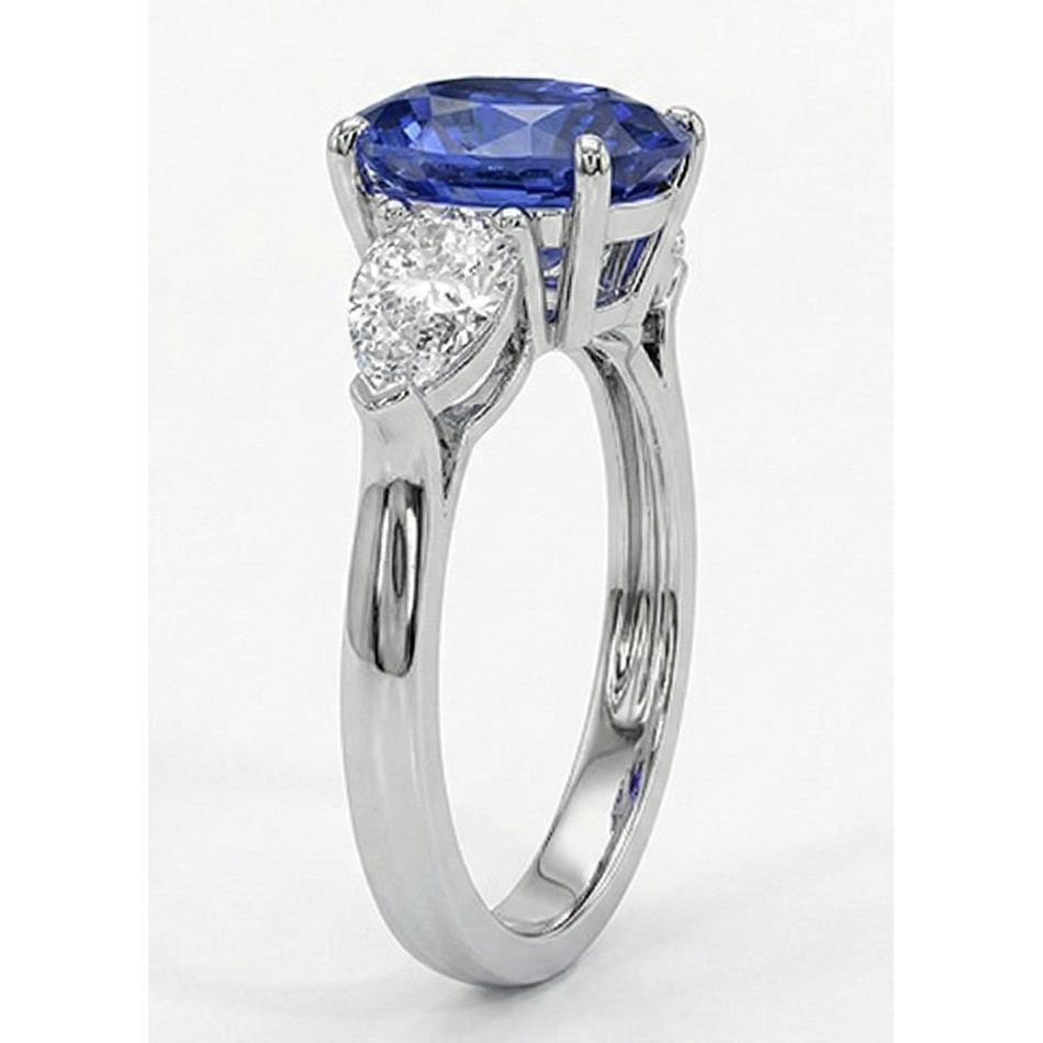 Three Stone Pear Natural Earth Mined Diamond & Ceylon Oval Sapphire Ring 9.25 Carats Gold