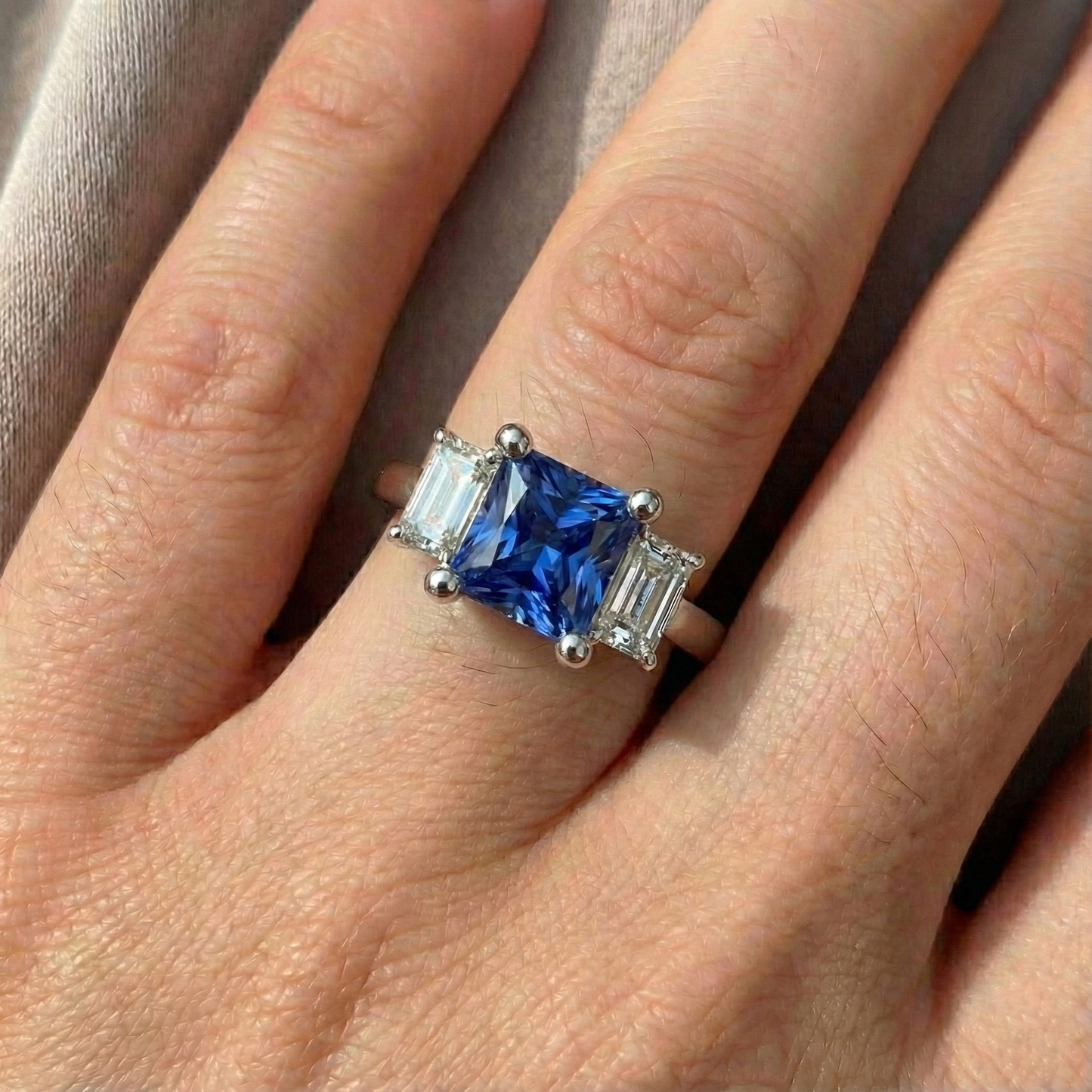 Three Stone Princess Natural Earth Mined Diamond & Emerald Blue Sapphire Ring 2.50 Carats