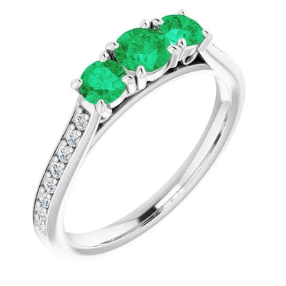 Three Stone Style Diamond Green Emerald Engagement Ring 1.10 Carats