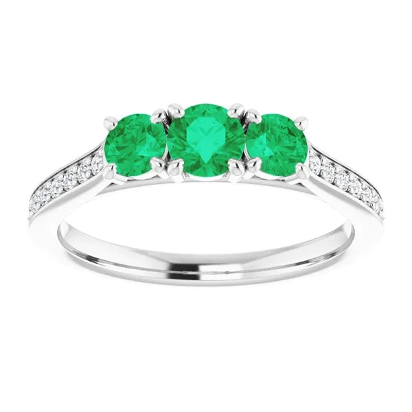 Three Stone Style Diamond Green Emerald Engagement Ring 1.10 Carats