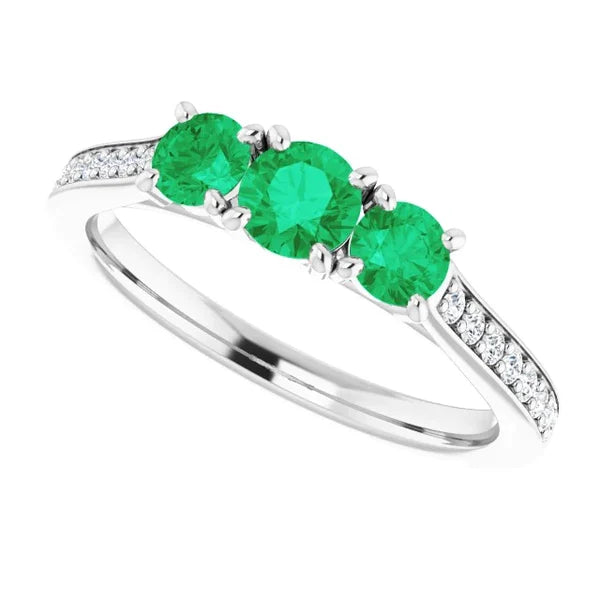 Three Stone Style Diamond Green Emerald Engagement Ring 1.10 Carats