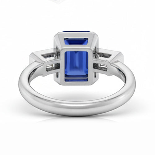 Three Stone Emerald Natural Earth Mined Diamond Sapphire Ring Half Bezel Set 1.75 Carats