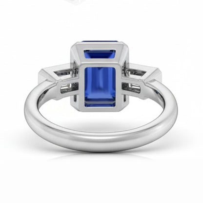 Three Stone Emerald Natural Earth Mined Diamond Sapphire Ring Half Bezel Set 1.75 Carats