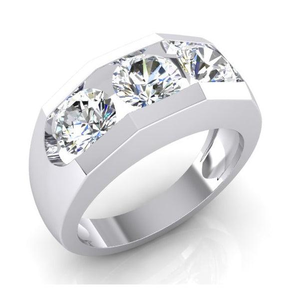 Three Stone Men's Ring Lab Grown Round Diamonds 10K Gold