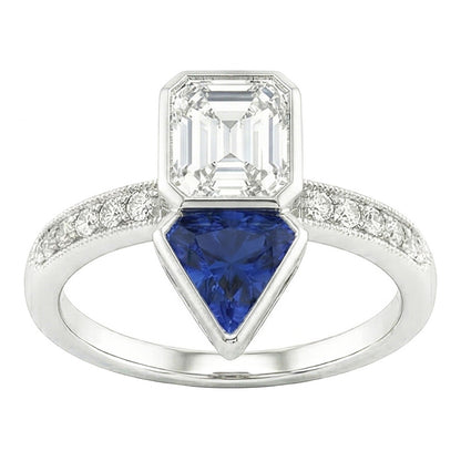 Toi et Moi Asscher Natural Earth Mined Diamond & Ceylon Sapphire Ring 3.50 Carats Milgrain