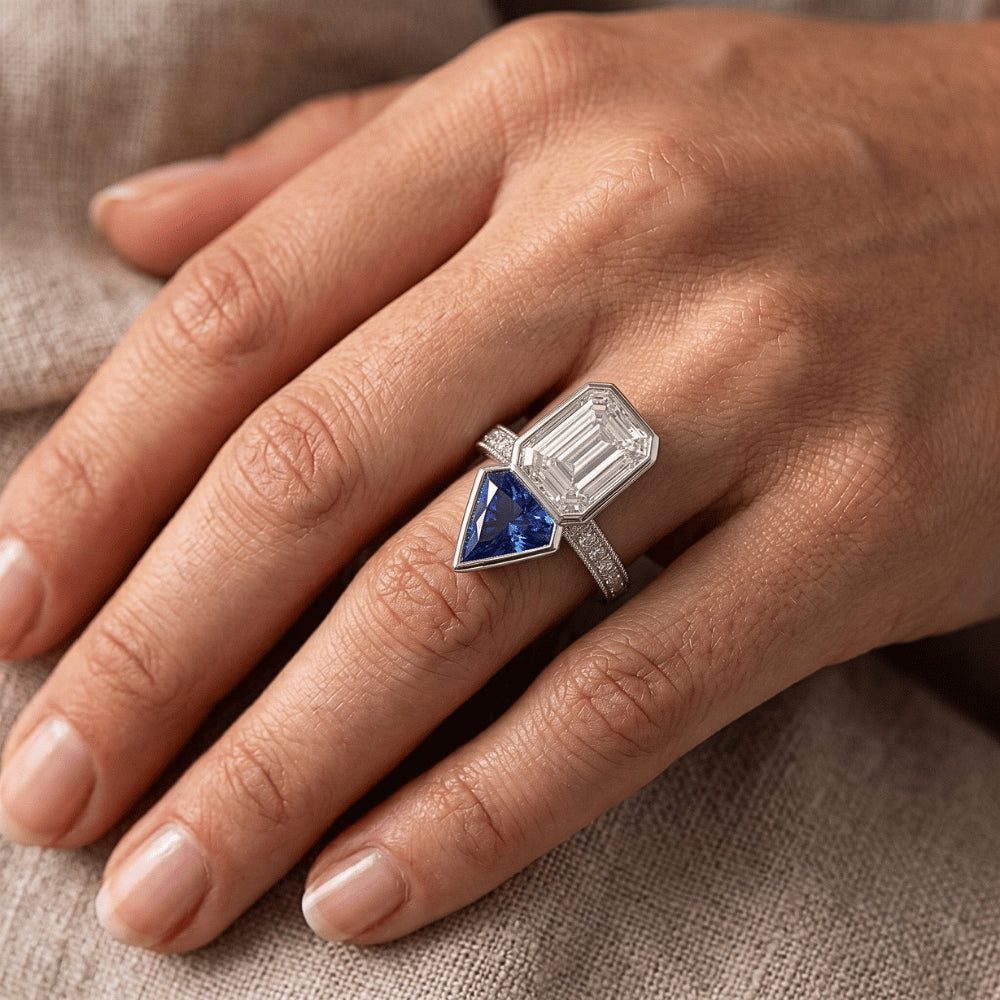Toi et Moi Asscher Natural Earth Mined Diamond & Ceylon Sapphire Ring 3.50 Carats Milgrain