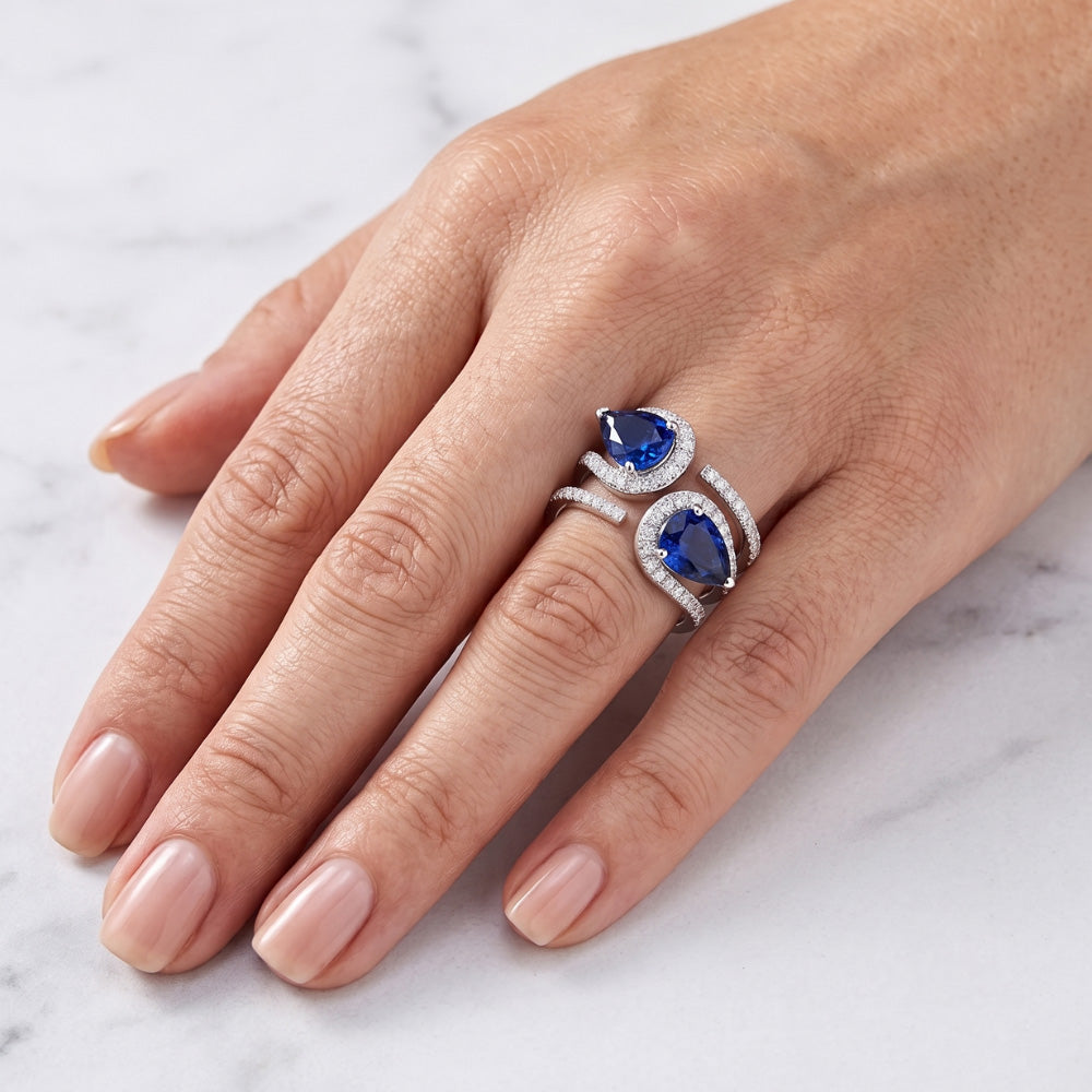 Toi et Moi Gold Women’s Pear Blue Sapphire Natural Earth Mined Diamond Ring 3.50 Carats