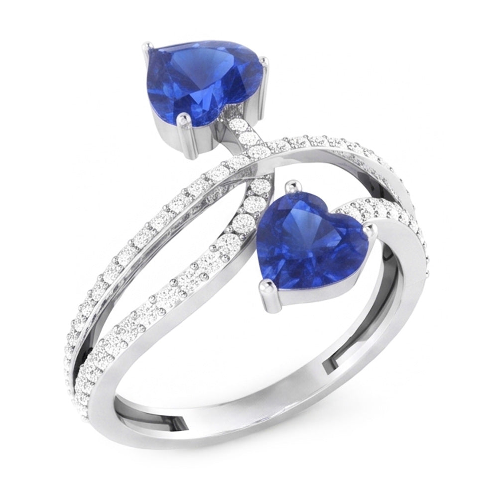 Toi et Moi Natural Earth Mined Diamond Heart Blue Sapphire Ring Twisted Shank 3.50 Carats