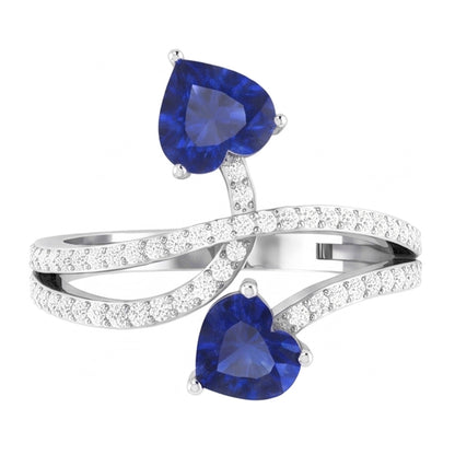 Toi et Moi Natural Earth Mined Diamond Heart Blue Sapphire Ring Twisted Shank 3.50 Carats